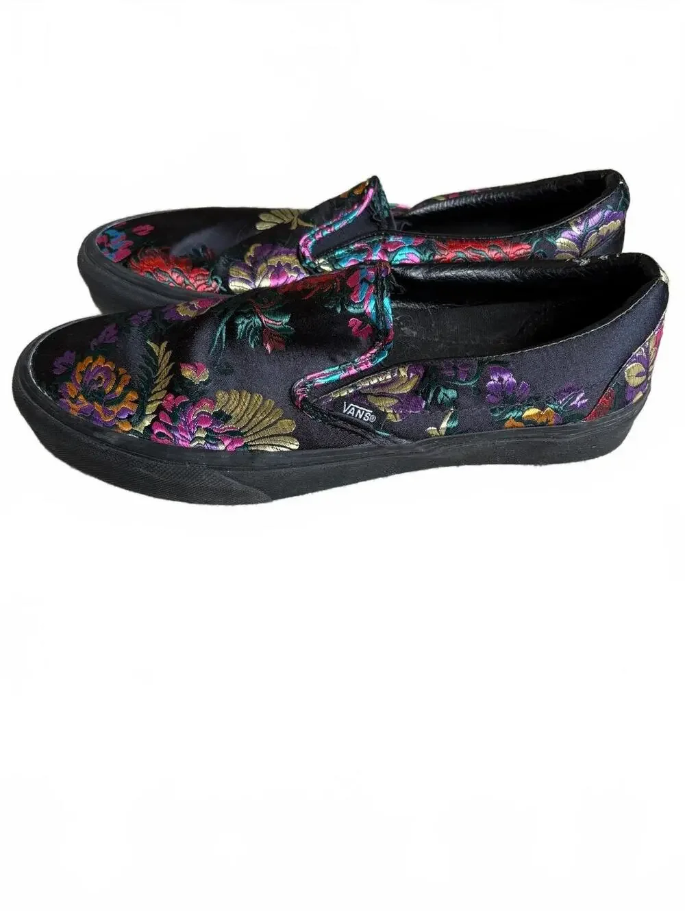 RARE VANS Slip-On Festival Satin Black Floral Brocade Embroidery W 10 M 8.5